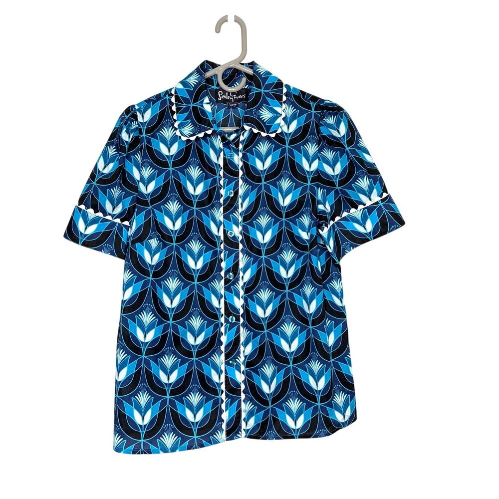 Lesley Evers Tessa Mandy Blouse Sz L Geo Tulip Blue Garden Floral Chic Cottage